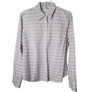 J. Crew White Pink Striped Classic Fit Button Up Blouse Shirt Size Large
